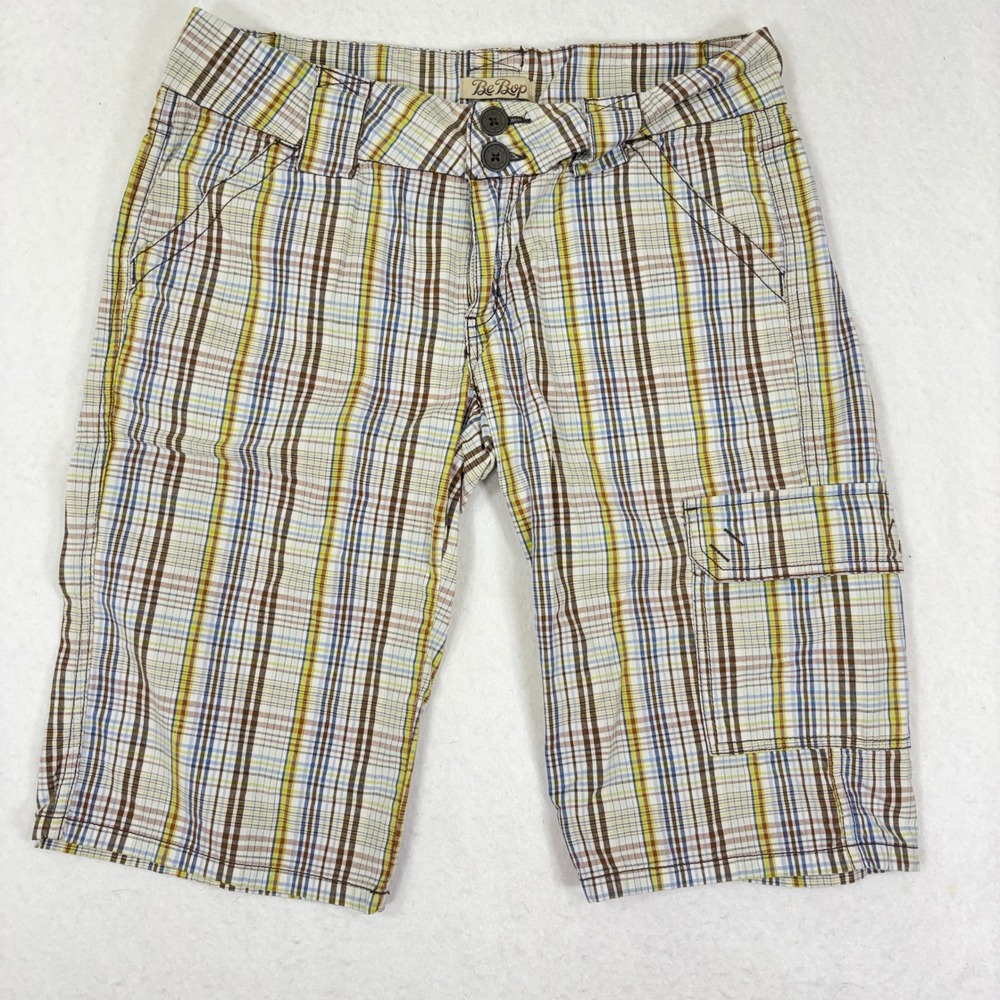 BeBop Plaid Cargo Shorts in White, Brown, Yellow, Blue